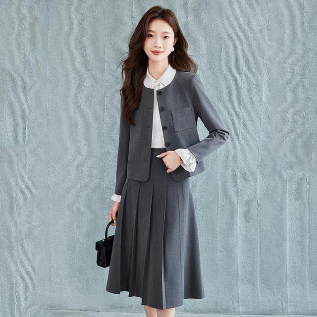 Collarless Plain Single-Breasted Blazer / Long-Sleeve Bow Shirt / High Waist Pleated Midi A-Line Skirt Product Image