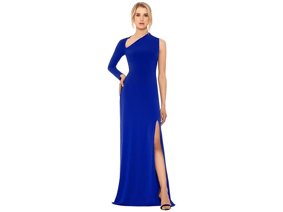 Betsy & Adam Long Jersey Asymmetrical Sleeve Gown (Electric ) Women's Dress Product Image