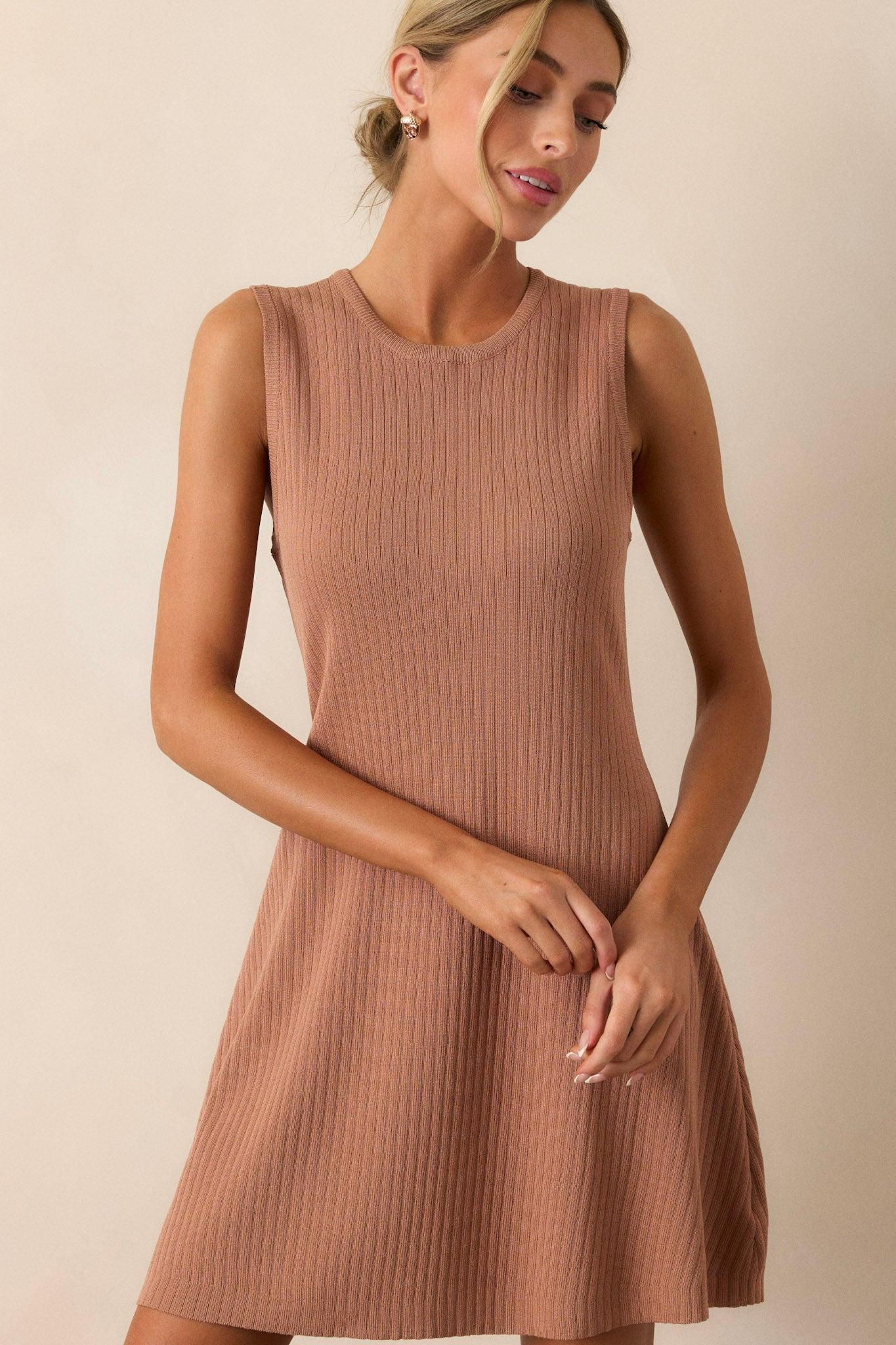 Simple Vibes Camel Brown Ribbed Knit Mini Dress Product Image