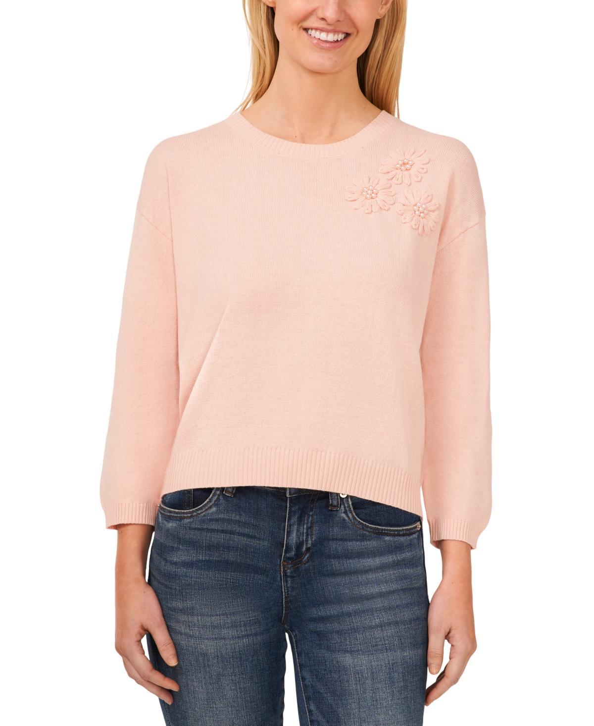 CeCe Womens Embellished Embroidered 3/4-Sleeve Sweater Product Image