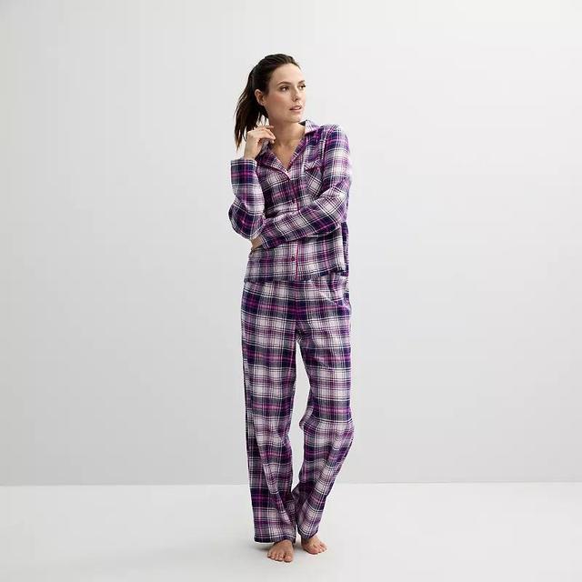 Womens Sonoma Goods For Life Flannel Notch Pajama Top & Pajama Pants Set Blue Black Plaid Product Image