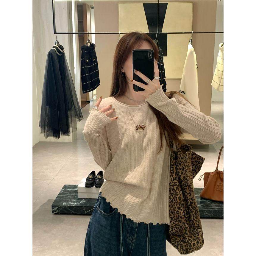 Long Sleeve Round Neck Plain Frill Knit Top Product Image