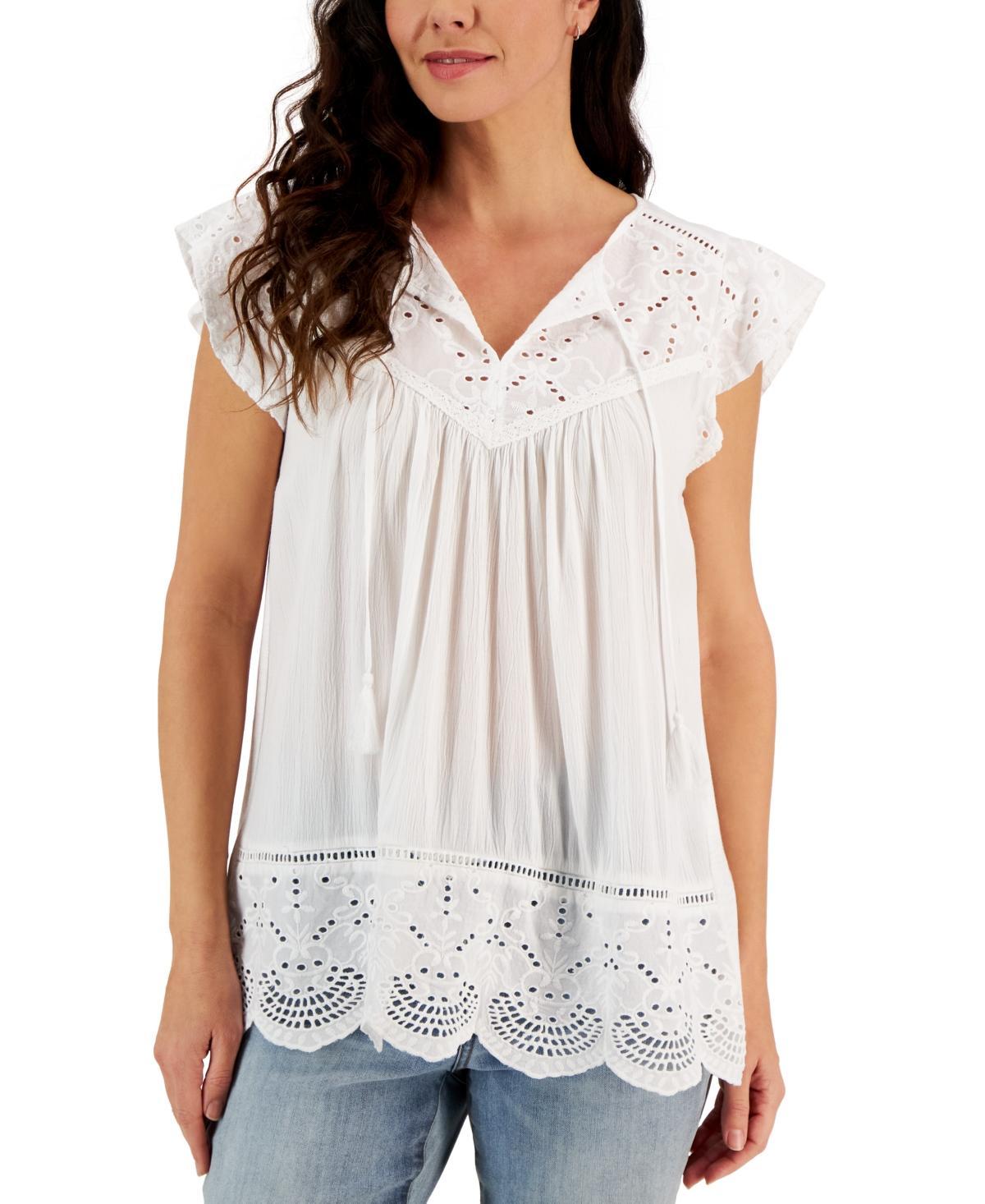 Style & Co Petite Lace-Trim Mixed Media Top, Created for Macys Product Image