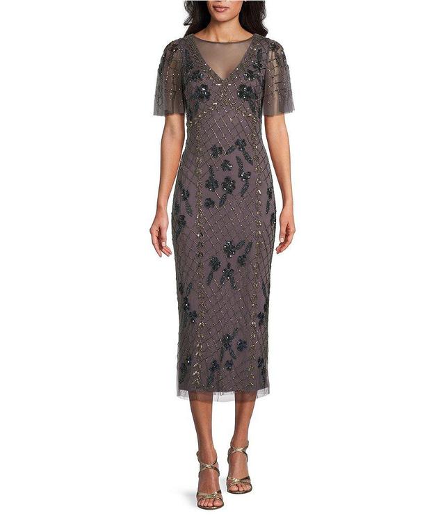 Adrianna Papell Beaded Sequin V-Neck Short Flutter Sleeve Dress Product Image