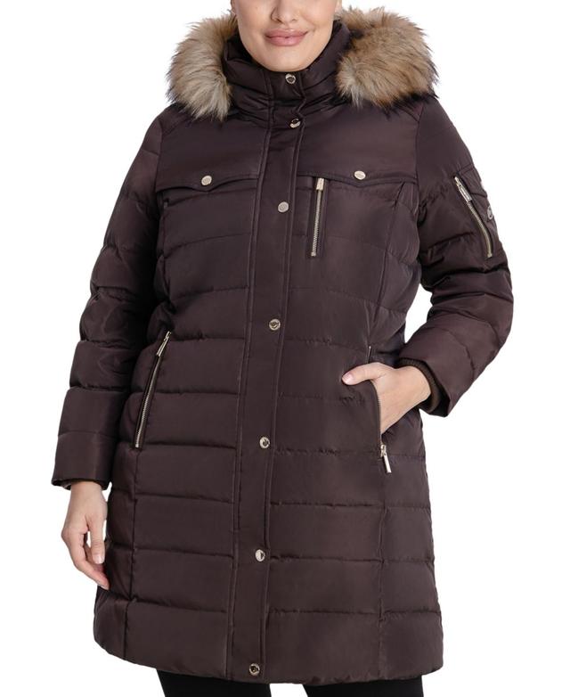 Michael Michael Kors Womens Plus Size Faux-Fur-Trim Hooded Puffer Coat, Created for Macys Product Image