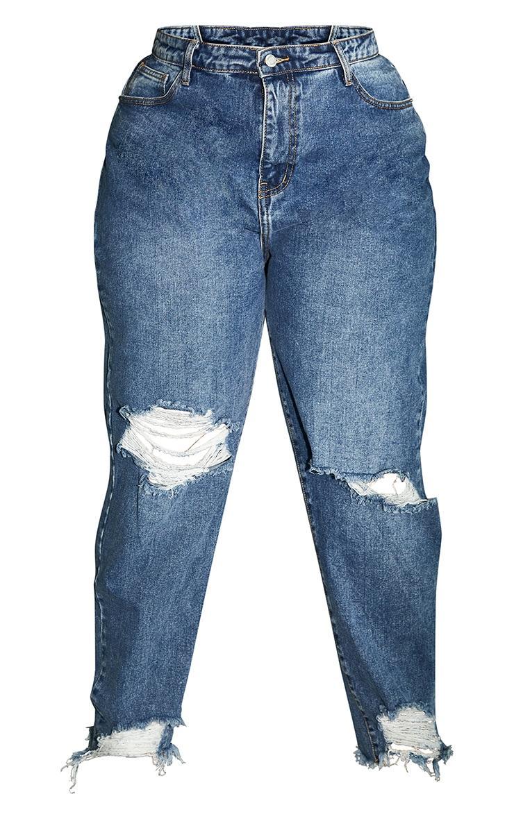 PRETTYLITTLETHING Plus Mid Blue Extreme Ripped Hem Knee Rip Mom Jeans Product Image