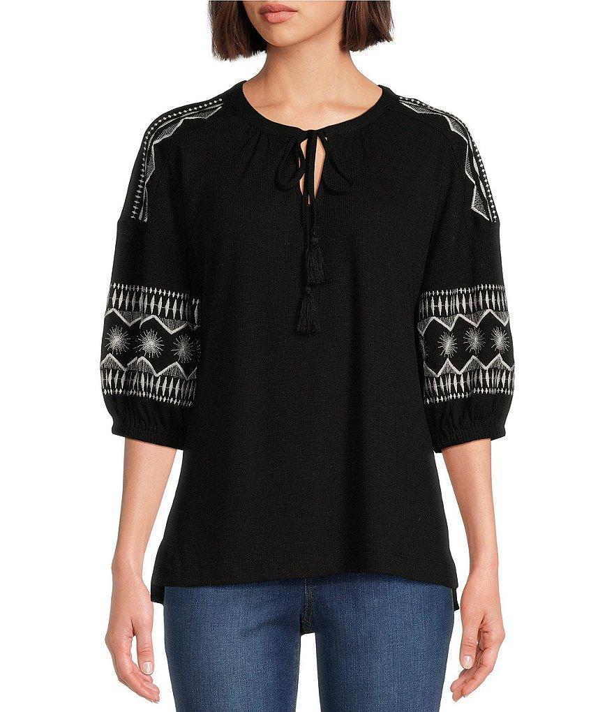 Westbound Embroidered 3/4 Sleeve V-Neck Top Product Image