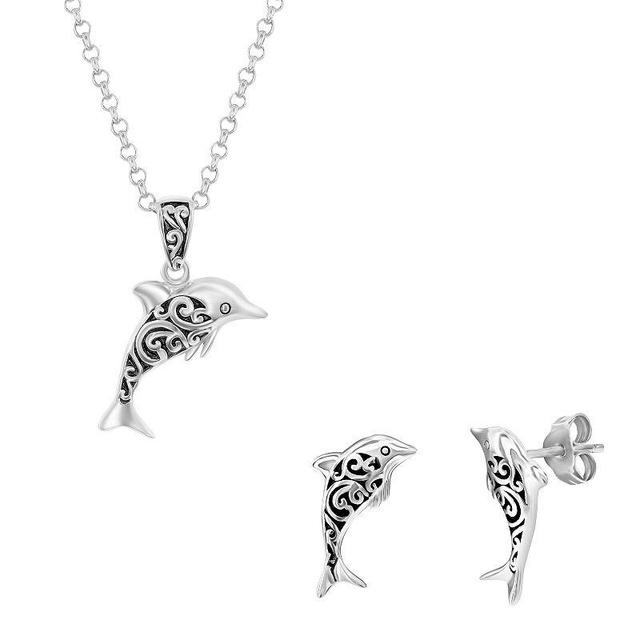 Argento Bella Sterling Silver Oxidized Dolphin Earrings & Necklace Set, Womens Product Image