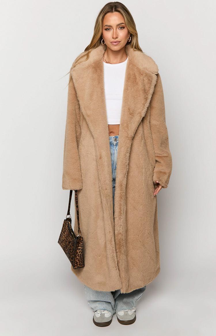 Lyrae Brown Full Length Faux Fur Coat Product Image