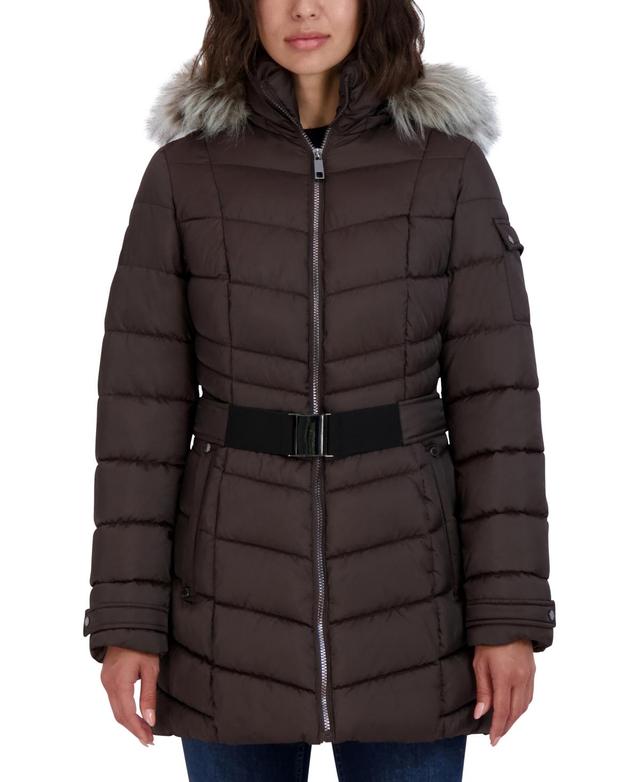 Nautica Womens Belted Hooded Faux-Fur-Trim Puffer Coat Product Image