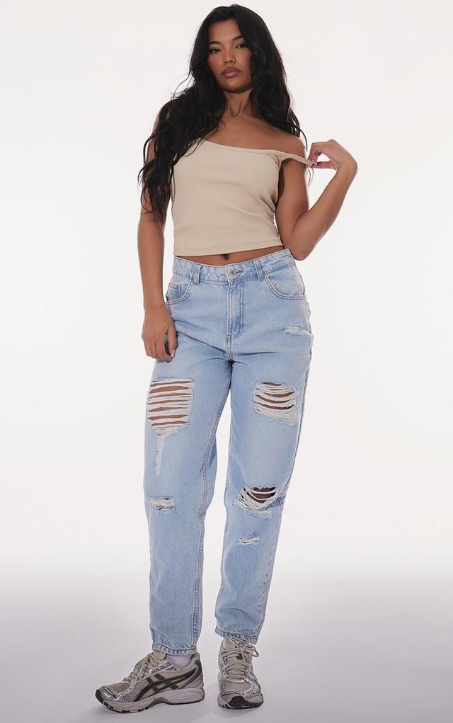 PRETTYLITTLETHING Light Blue Wash Distressed Mom Jeans Product Image