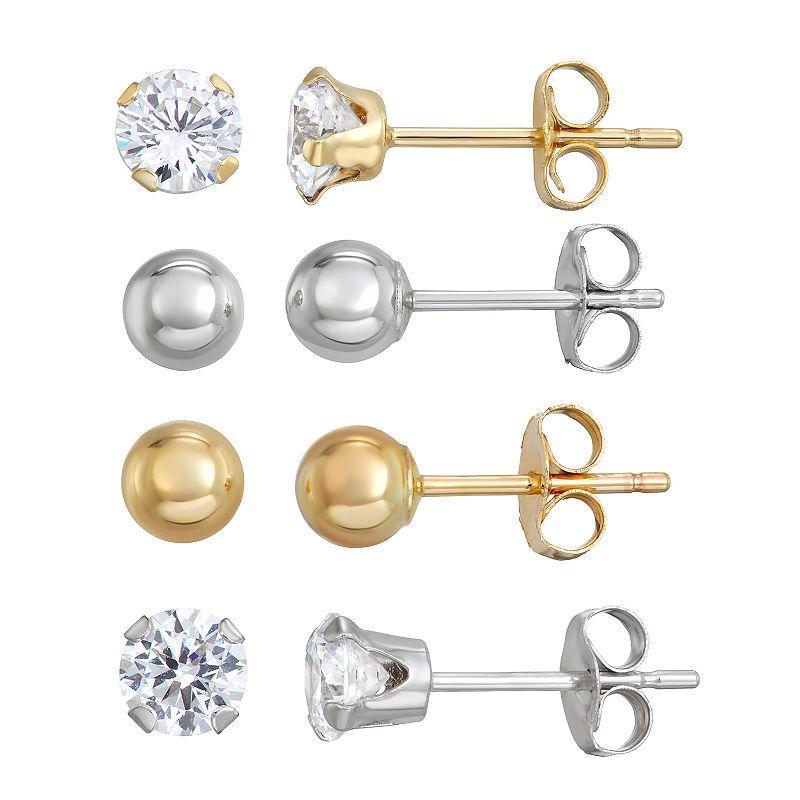 Forever 14K Gold Two-Tone Ball & Cubic Zirconia Stud Earring Set, Womens, White Product Image