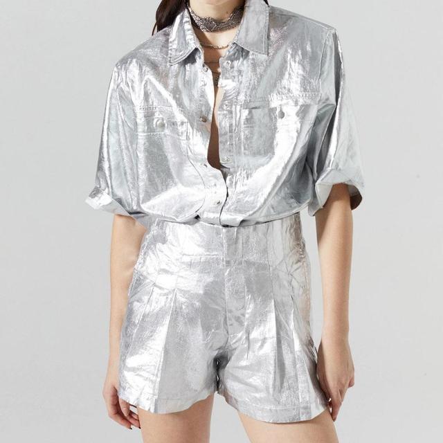 Lanthropy Frida Metallic Linen Shorts-Silver Product Image