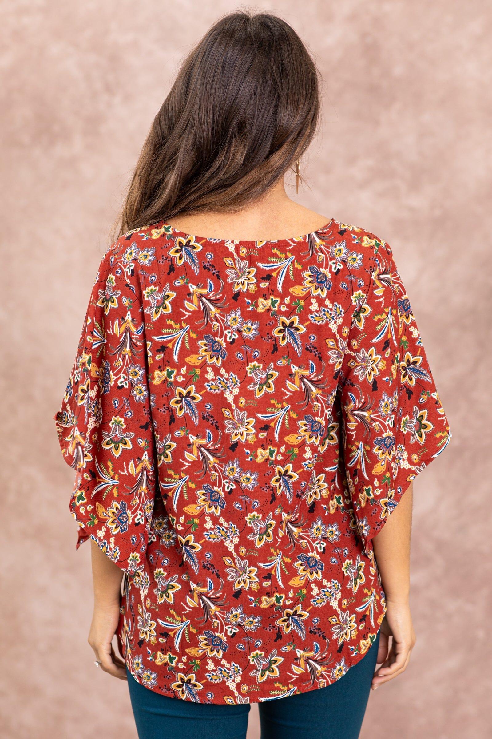 Maroon Floral Print Dolman Sleeve Top Product Image