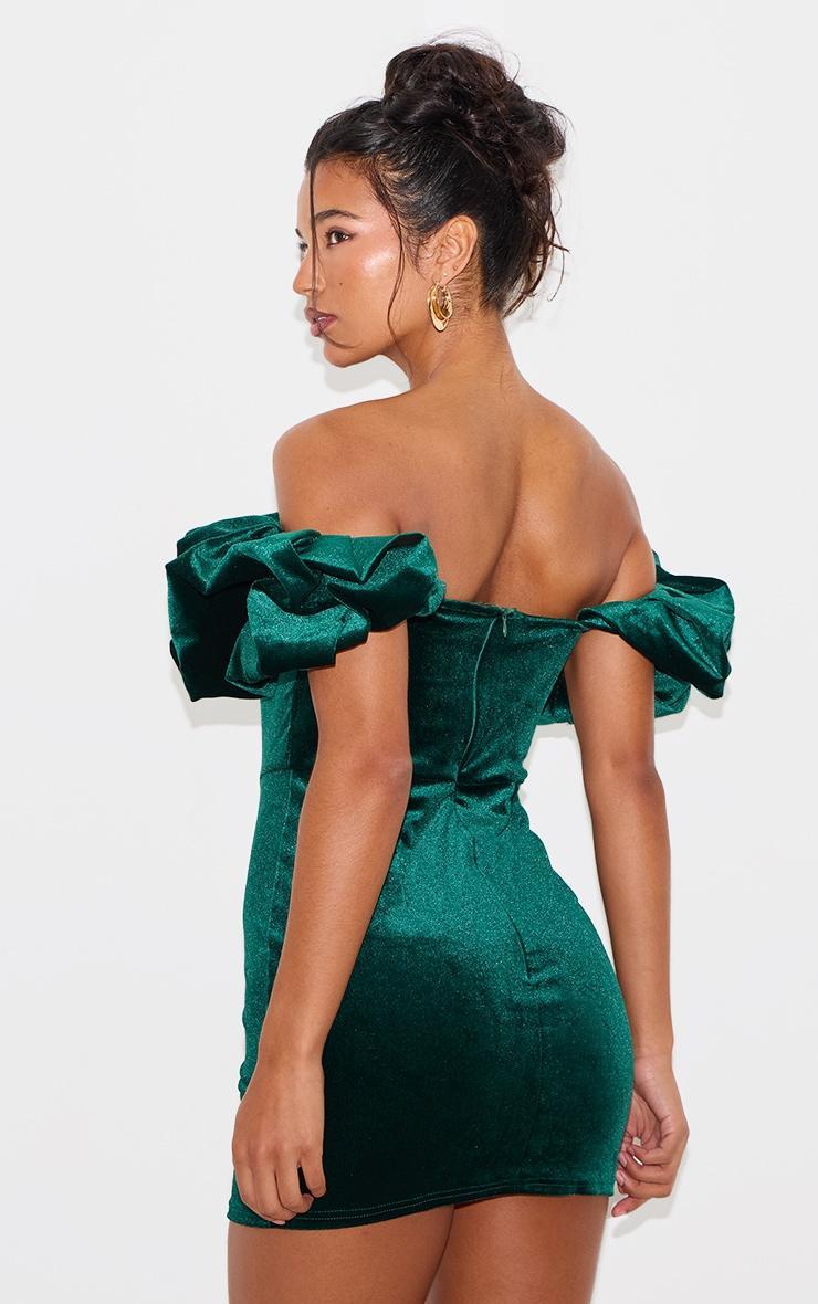 Emerald Green Velvet Bardot Ruffle Bodycon Dress Product Image