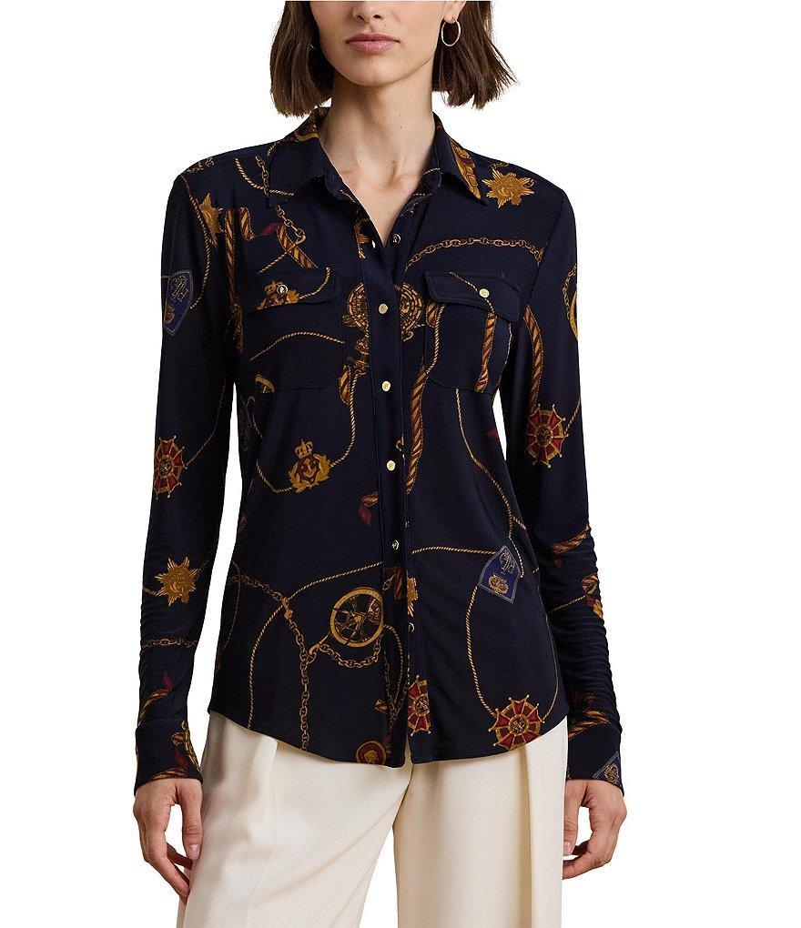 Lauren Ralph Lauren Petite Size Jersey Knit Printed Point Collar Long Sleeve Shirttail Hem Button-Front Shirt Product Image