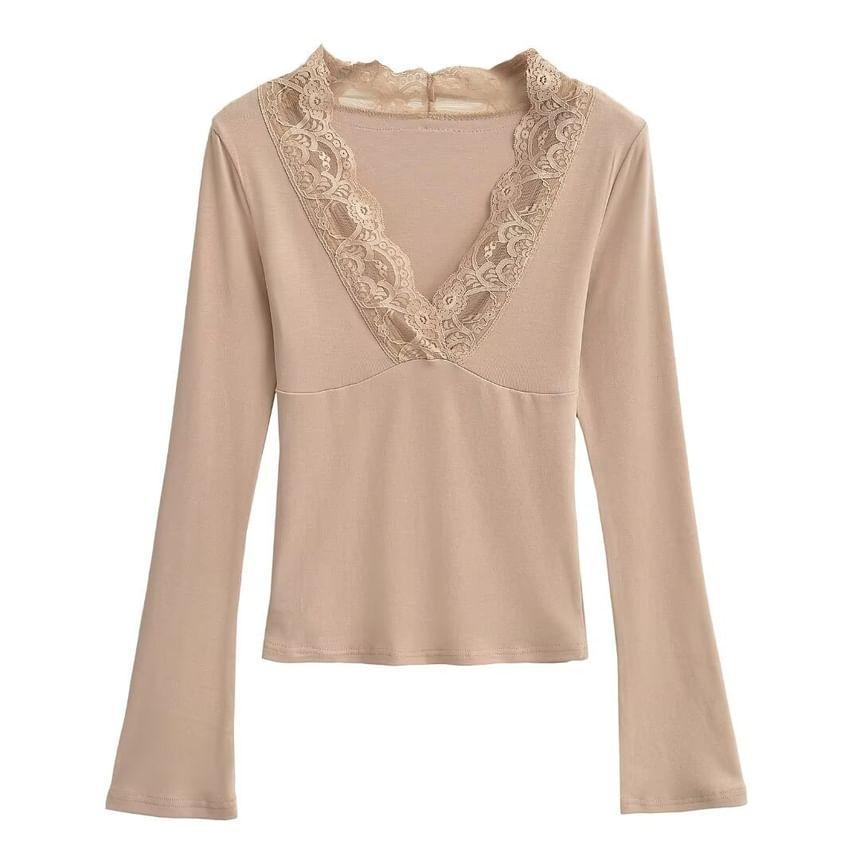 Long-Sleeve V-Neck Lace Trim Plain Top Product Image