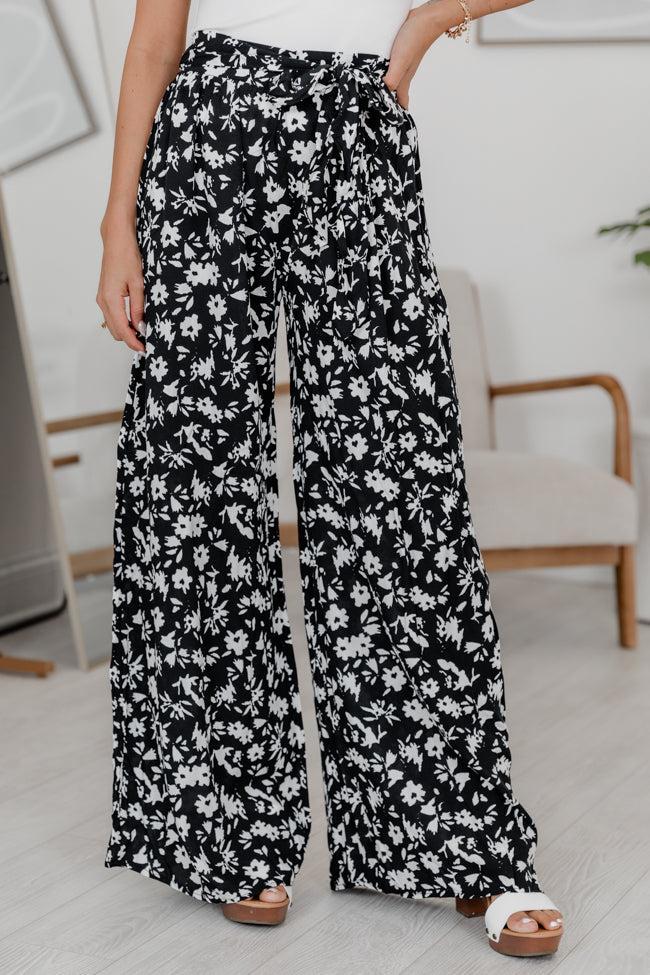 Unwinding In Paradise Black Floral Tie Waist Pants Product Image