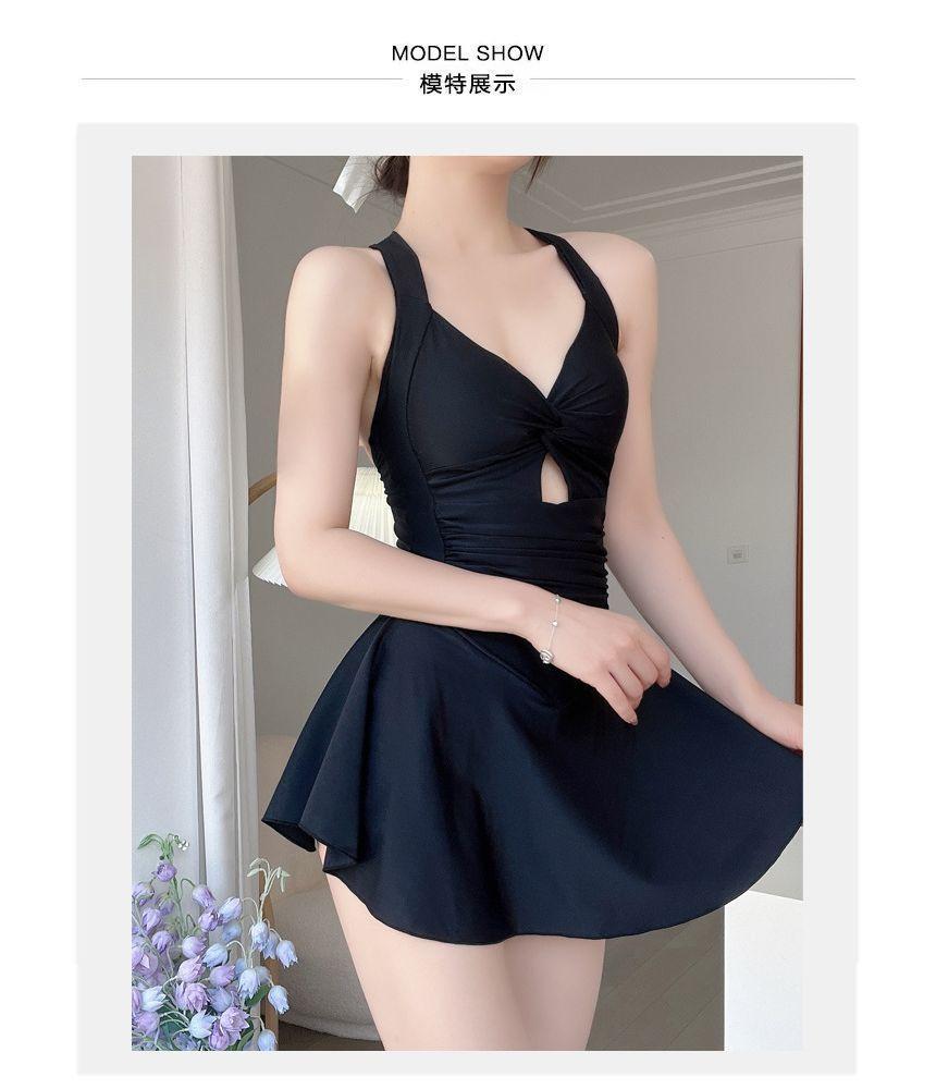 Sleeveless Cut Out Plain Swim Dress Product Image