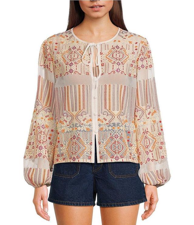 Chelsea & Violet Kalina Split V-Neckline Embroidered Long Sleeve Chiffon Top Product Image