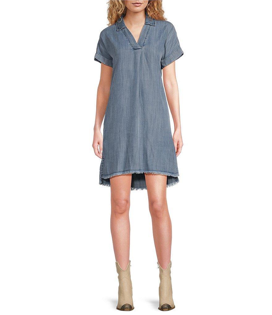 Reba V-Neck Short Cap Sleeve Frayed Hem Chambray Shift Dress Product Image