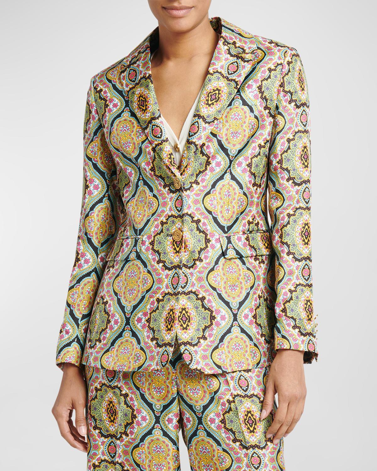 Medallion-Print Silk Single-Breasted Blazer Jacket Product Image