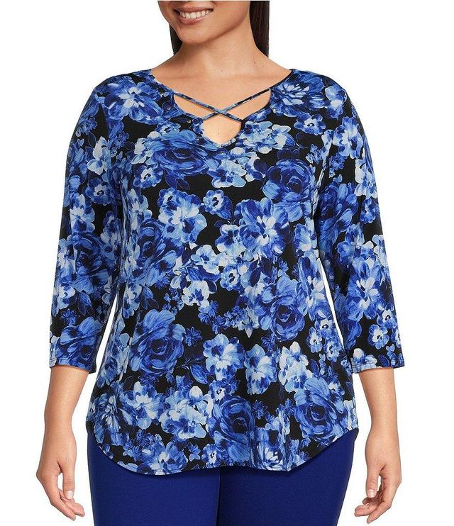 Slim Factor by Investments Plus Size Royal Bouquet Print V-Neck Criss Cross 3/4 Sleeve Knit Top Product Image