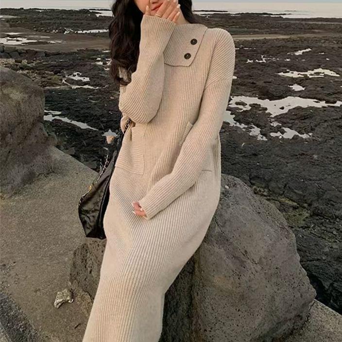 Long-Sleeve High Neck Plain Ribbed Midi Knit Dress Product Image