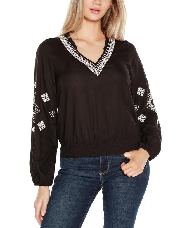 Belldini Black Label Womens Embroidered Blouson Sleeve V-Neck Blouse Top Product Image