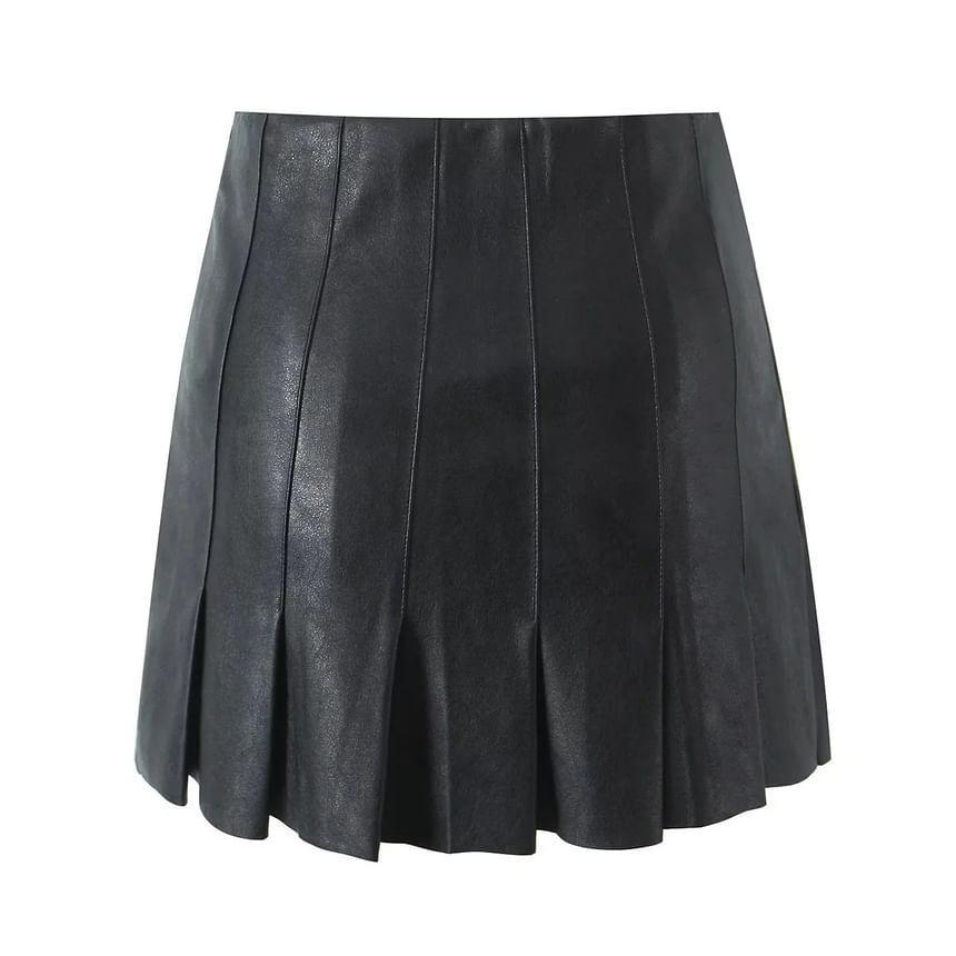 Collared Plain Faux Leather Crop Button Jacket / High Rise Pleated Mini A-Line Skirt Product Image