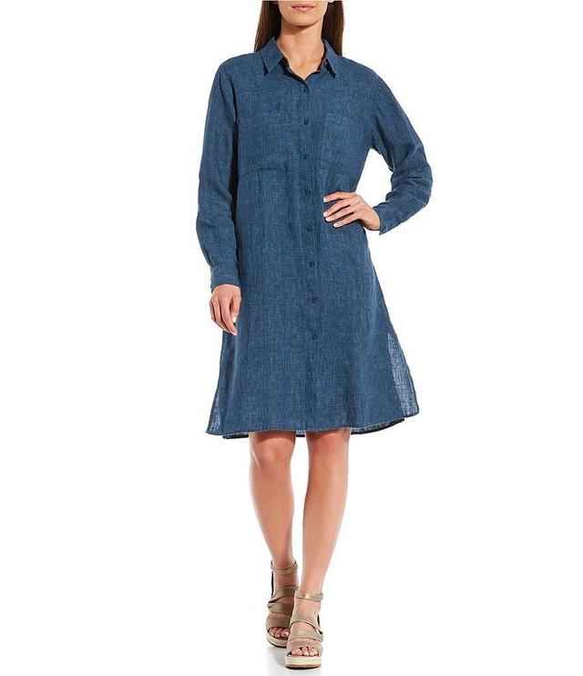 Eileen Fisher Petite Size Delave Organic Linen Point Collar Long Sleeve Button Front Shirt Dress Product Image