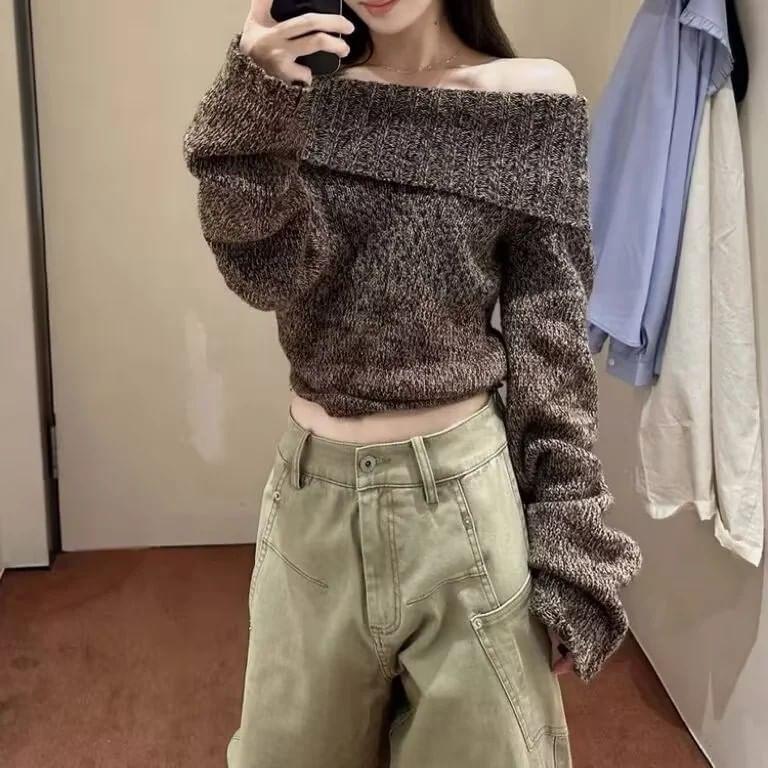 Off-Shoulder Long-Sleeve Melange Sweater Product Image