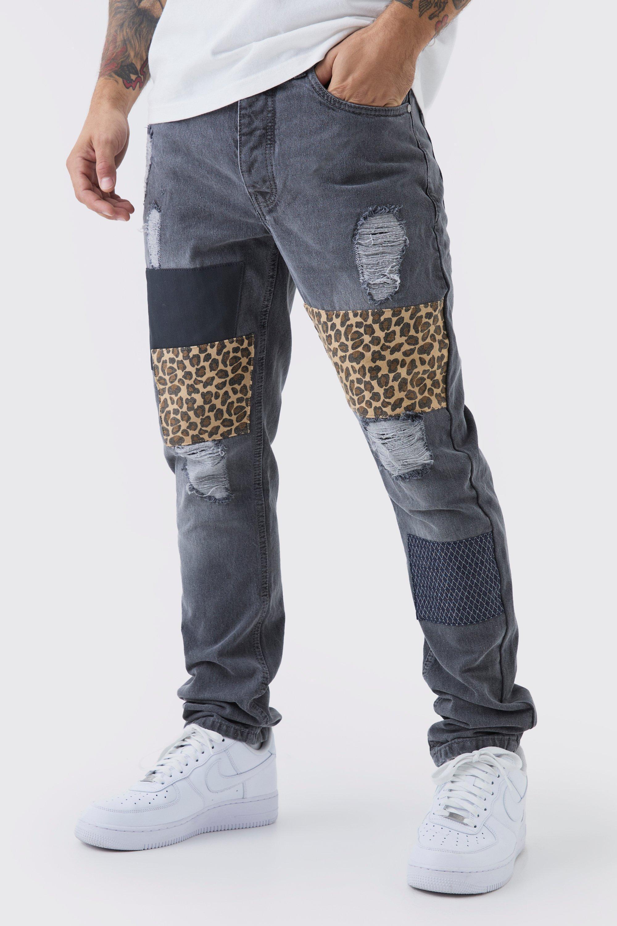 Slim Fit Patchwork Leopard Ripped Jeans | boohooMAN USA Product Image