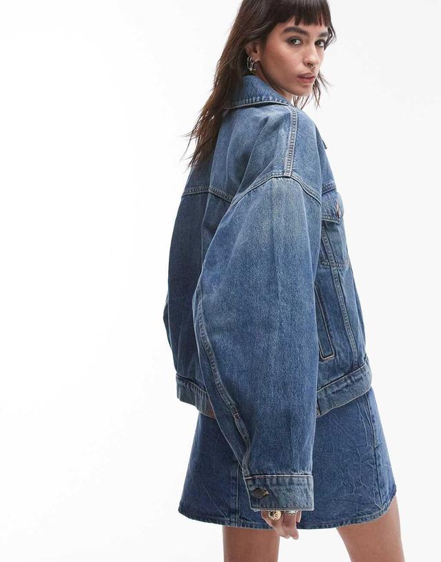 Topshop denim balloon sleeve jacket in authentic green Product Image