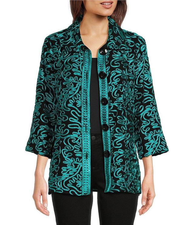 Ali Miles Mesh Embroidered Collared 3/4 Sleeve Button Down Front Jacket Product Image