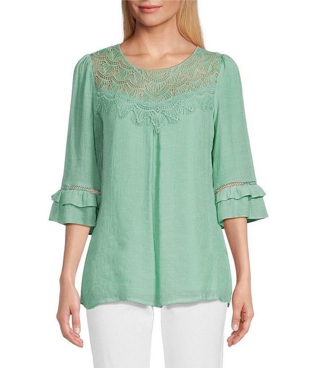 Figueroa & Flower Petite Size Woven Lace Yoke Round Neck 3/4 Ruffle Sleeve Blouse Product Image