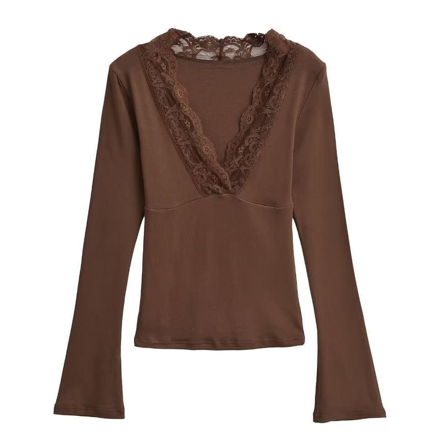 Long-Sleeve V-Neck Lace Trim Plain Top Product Image