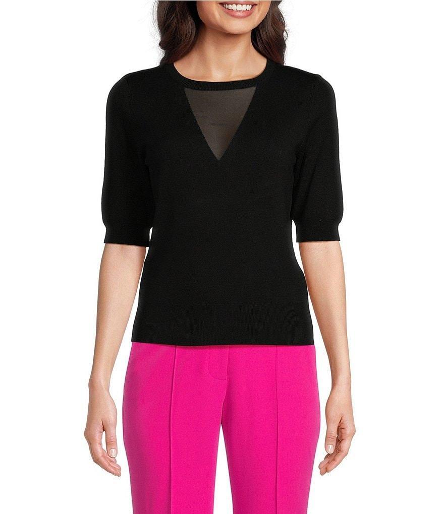 DKNY by Donna Karan Knit Crew Mesh V-Neck Elbow Length Sleeve Top Product Image