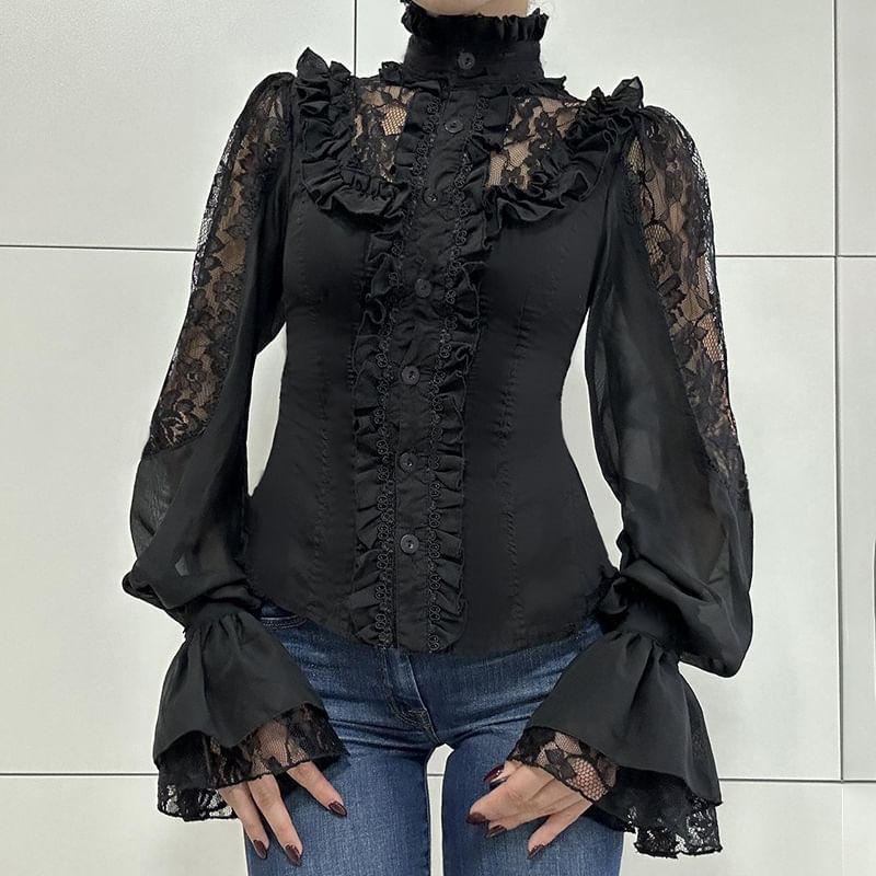 Puff-Sleeve Plain Ruffle Lace Panel Shirt Product Image