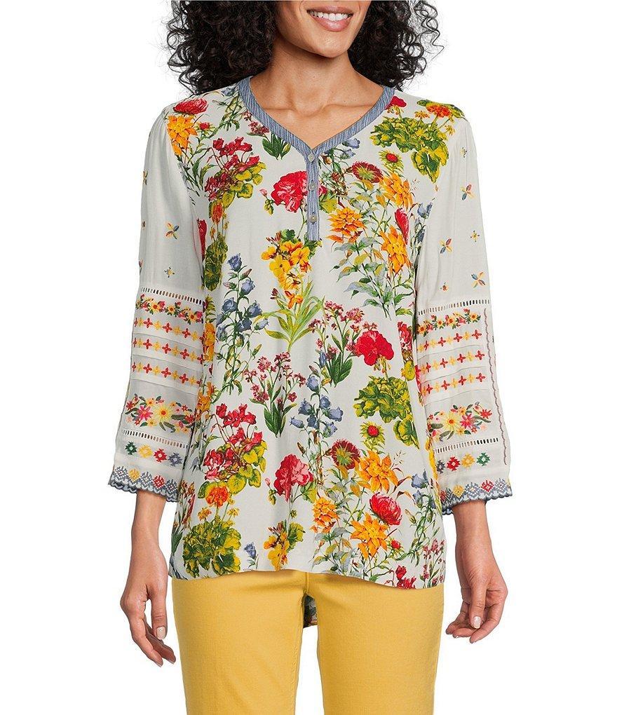 John Mark Woven Floral Embroidered Contrast Trim V-Neck 3/4 Sleeve Tunic Product Image