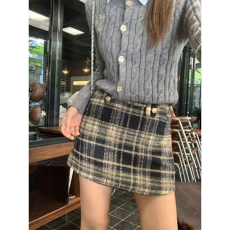 High Rise Plaid Mini A-Line Skirt Product Image