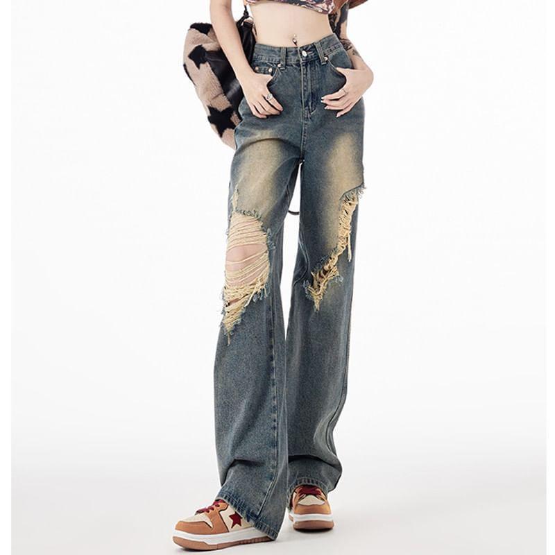 High Waist Washed Distressed Straight-Fit Wide-Leg Jeans Product Image