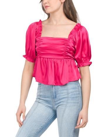 Puff Sleeve Ruched Satin Babydoll Top for Women Product Image