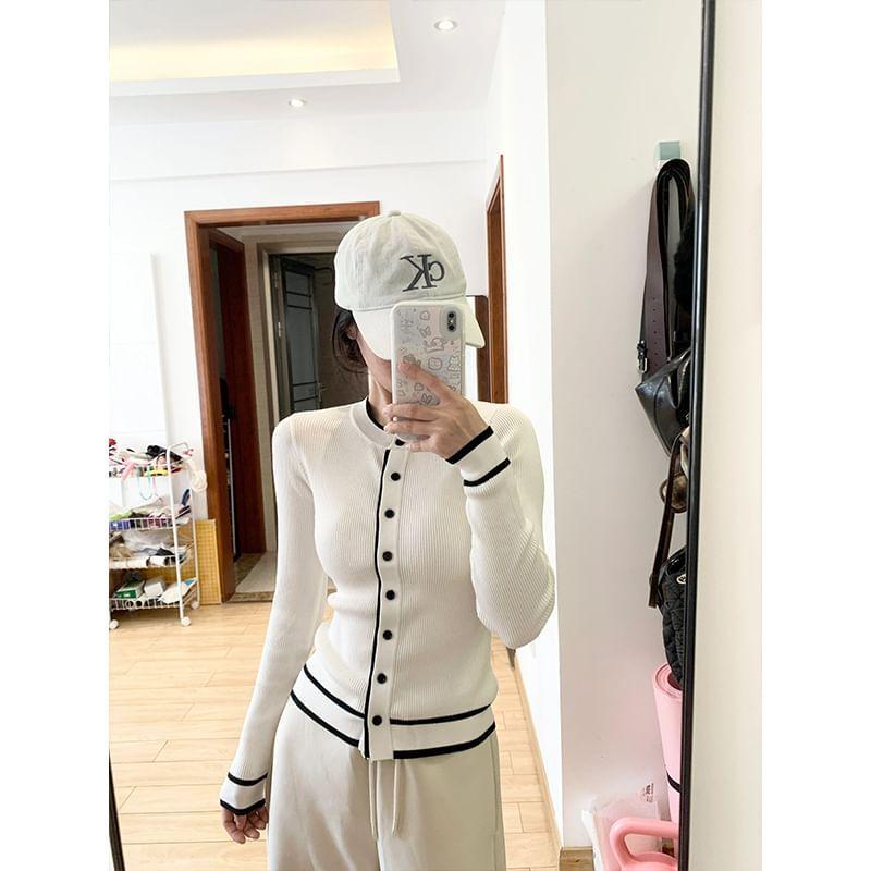 Round Neck Striped Ribbed Cardigan Product Image