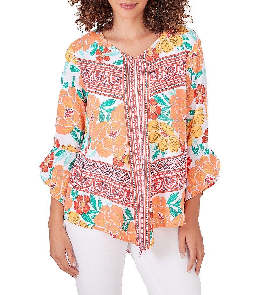 Ruby Rd. Petite Size Crepe Woven Chevron Placement Print V-Neck 3/4 Sleeve Top Product Image