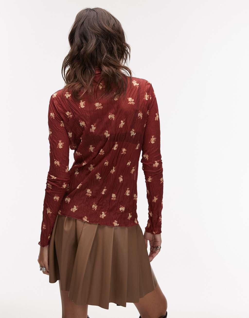 Topshop high neck crinkle ditsy print long sleeve top in burgundy Product Image