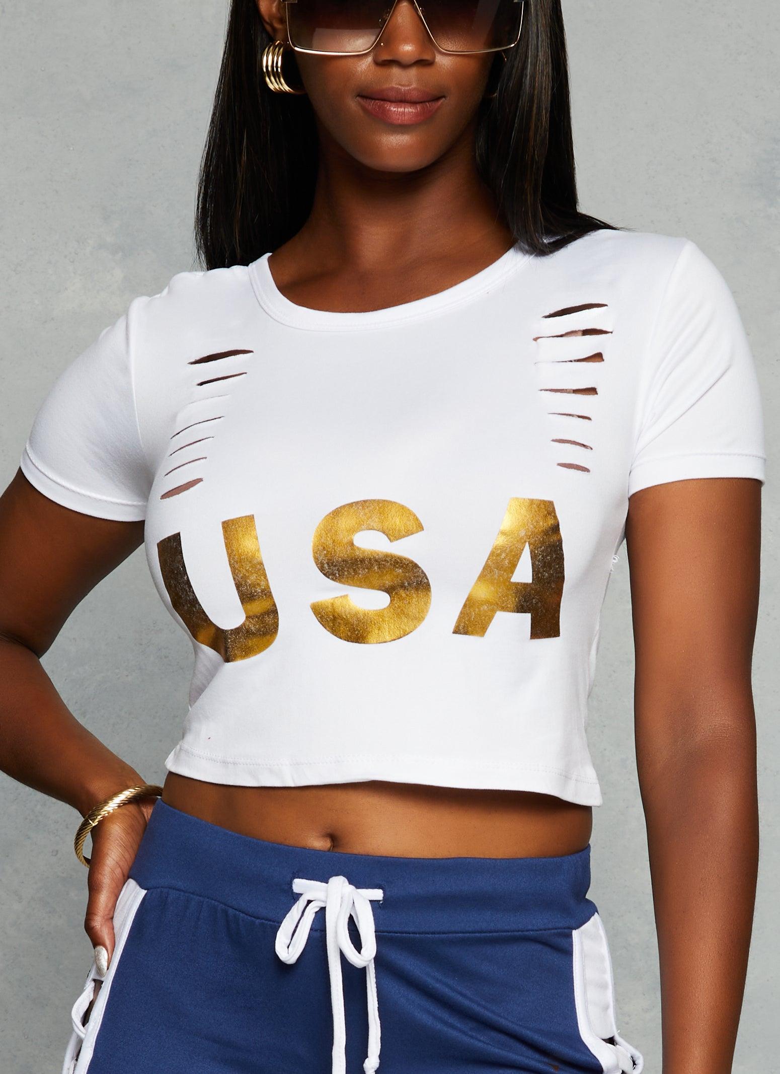 Womens Slashed Foil USA Graphic Crop Top Product Image