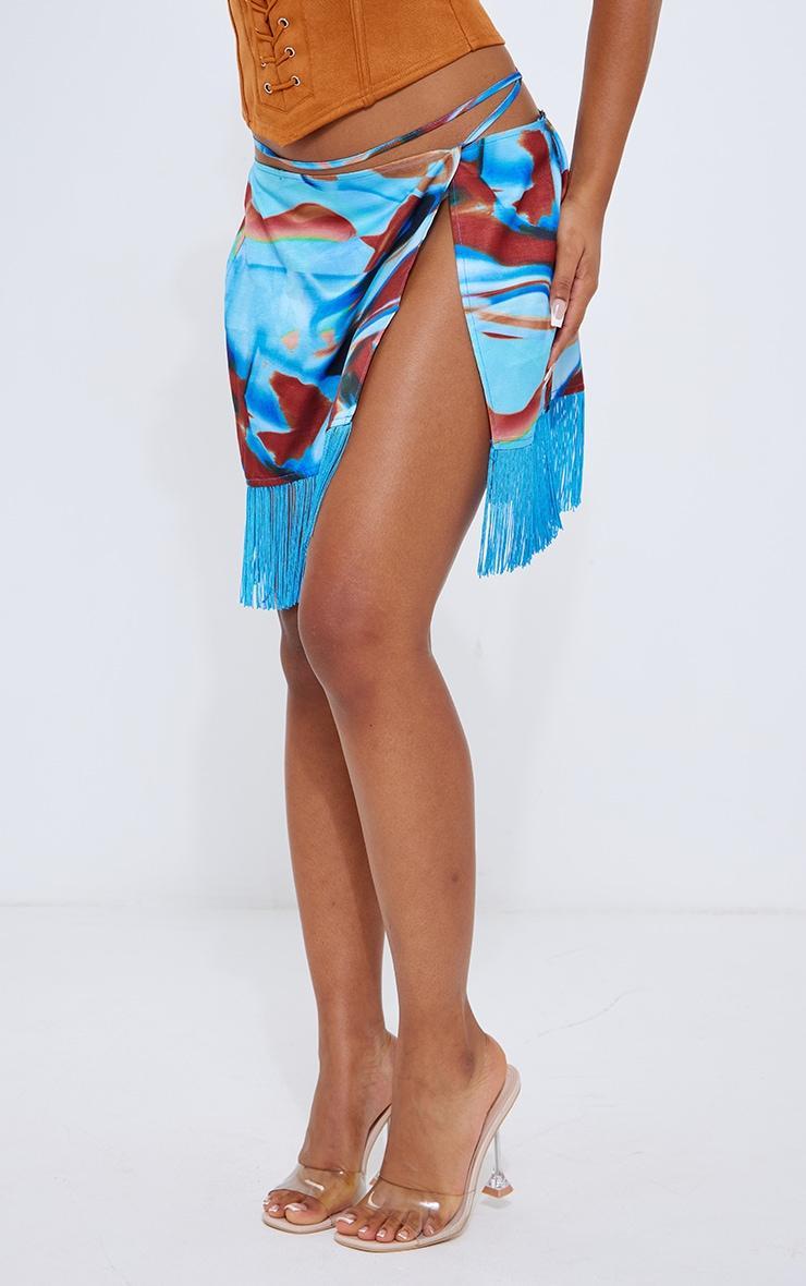 Blue Abstract Printed Tassel Hem Wrap Mini Skirt Product Image