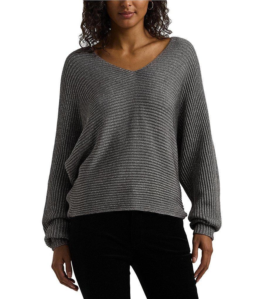 Lauren Ralph Lauren Metallic Rib-Knit V-Neck Long Dolman Sleeve Dropped Shoulder Sweater Product Image