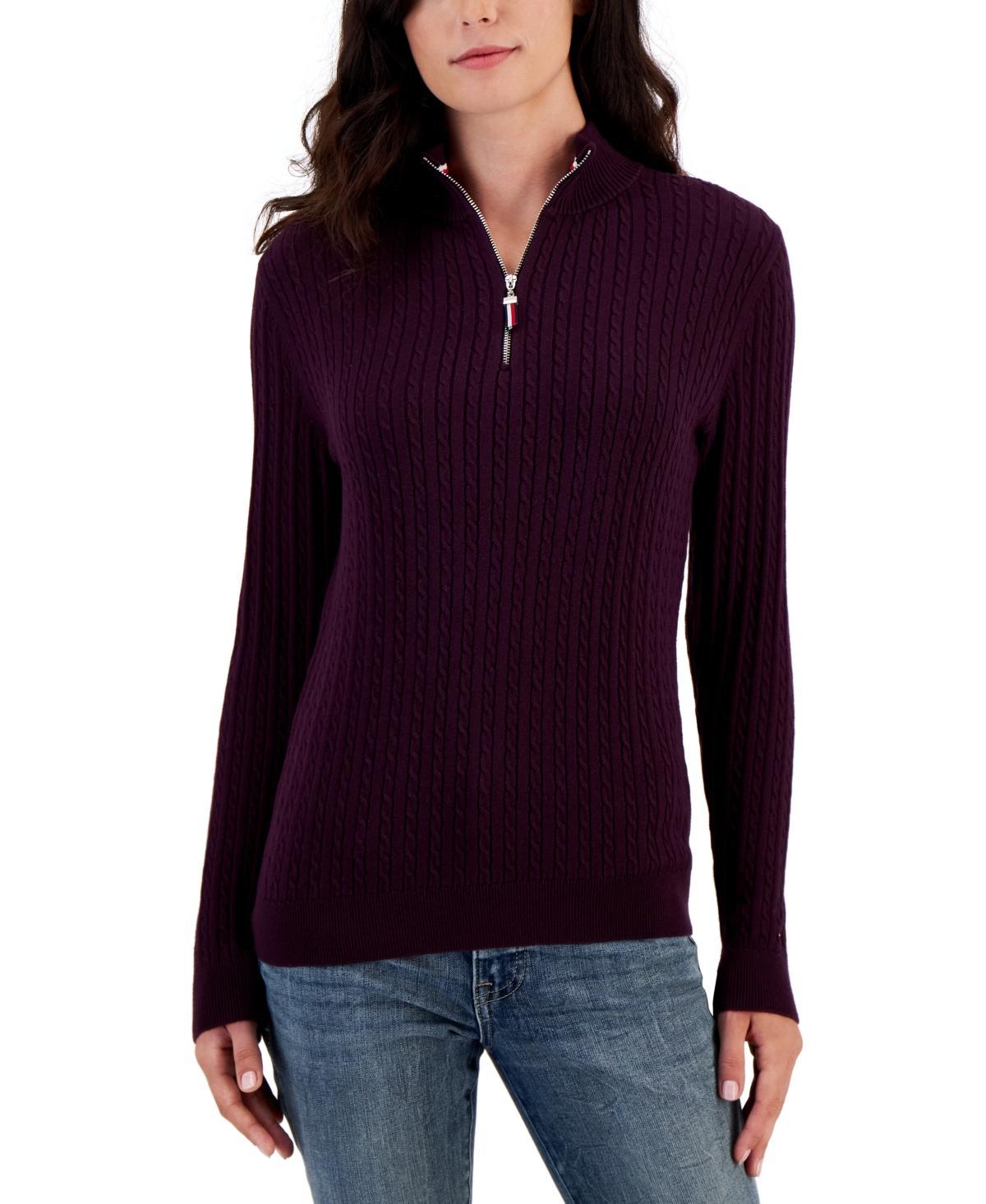 Tommy Hilfiger Womens Cotton Quarter-Zip Cable-Knit Sweater Product Image